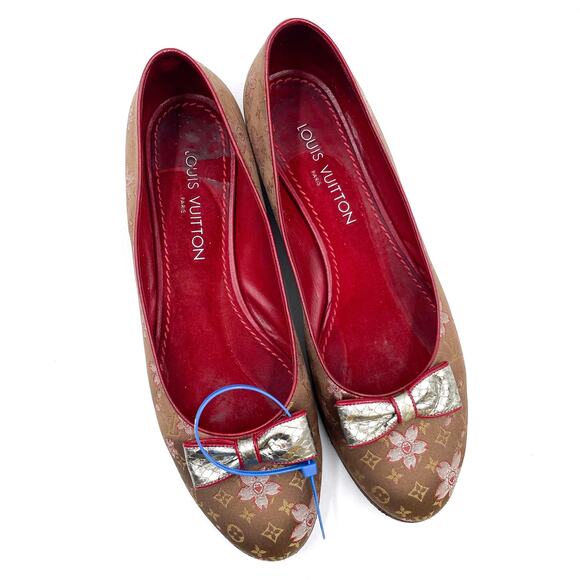 Louis Vuitton Cherry Blossom Monogram Floral Ballet Flats LV Brown Bow Sz 39 / 9 - Picture 2 of 12
